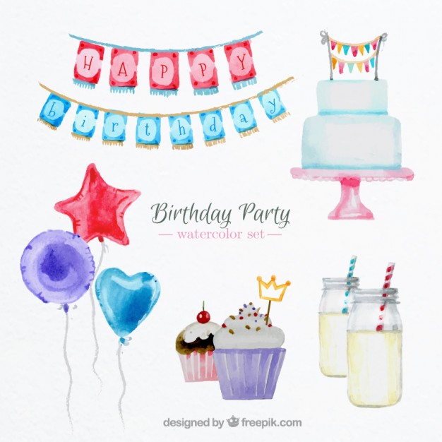 626x626 Watercolor Birthday Party Elements Set Vector Free Download