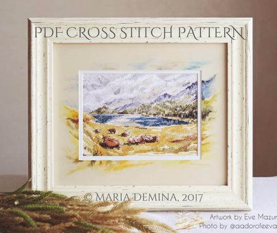 570x481 Watercolor Landscape Pdf Cross Stitch Pattern Instant Etsy