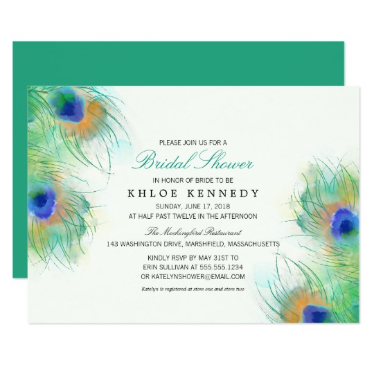 540x540 Teal Watercolor Peacock Feathers Bridal Shower Invitation