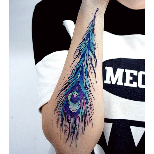 640x640 Watercolor Peacock Feather Tattoo On Right Sleeve