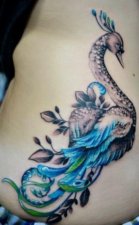 460x746 Attractive Leaf Peacock Watercolor Tattoo On Rib Side For Woman