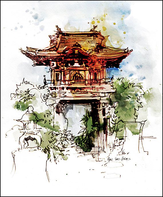570x688 Collection Of Watercolor And Pen Drawing High Quality, Free