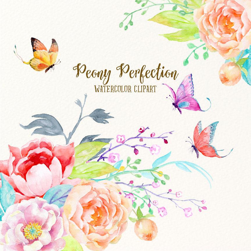 863x864 Wedding Clipart Peony Perfection, Watercolor Peonies, Butterflies