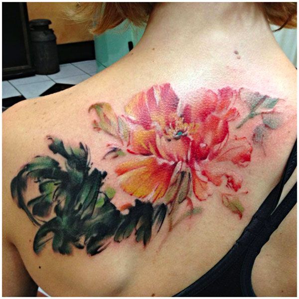 600x600 Watercolor Peony Flowers Tattoo On Women Upper Back