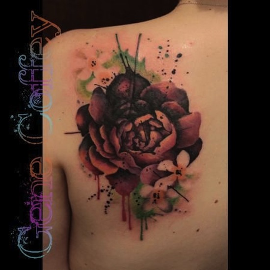 550x550 Abstract Watercolor Peony Flower Tattoo On Left Back Shoulder
