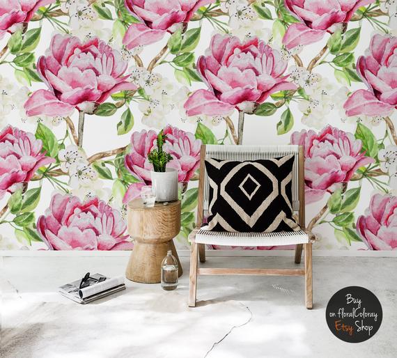 570x514 Pink Watercolor Peonies Wallpaper Beautiful Floral Wall Etsy