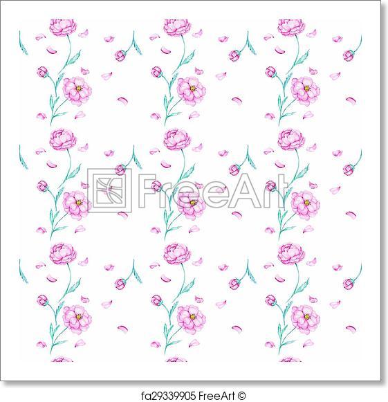 561x581 Free Art Print Of White Pattern With Watercolor Peony. Seamless