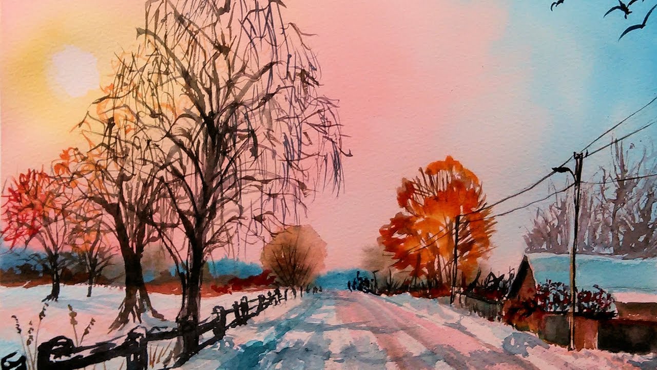 1280x720 Snowy Rural Road In Watercolor Amp One Point Perspective Drawing