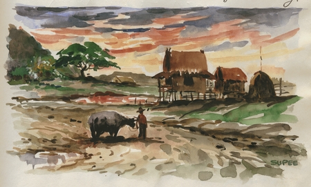 450x271 Drawing And Watercolor Of A Man And A Cow On A Farm In Manila In