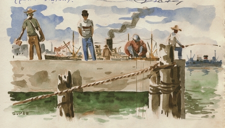 450x257 Drawing And Watercolor Of Men On A Pier In Manila In The