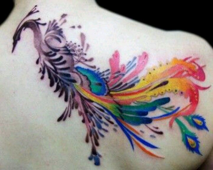 721x577 Watercolor Phoenix Tattoo On Upper Back