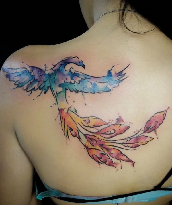 600x716 Watercolor Phoenix Tattoo Start From Shoulder To Back
