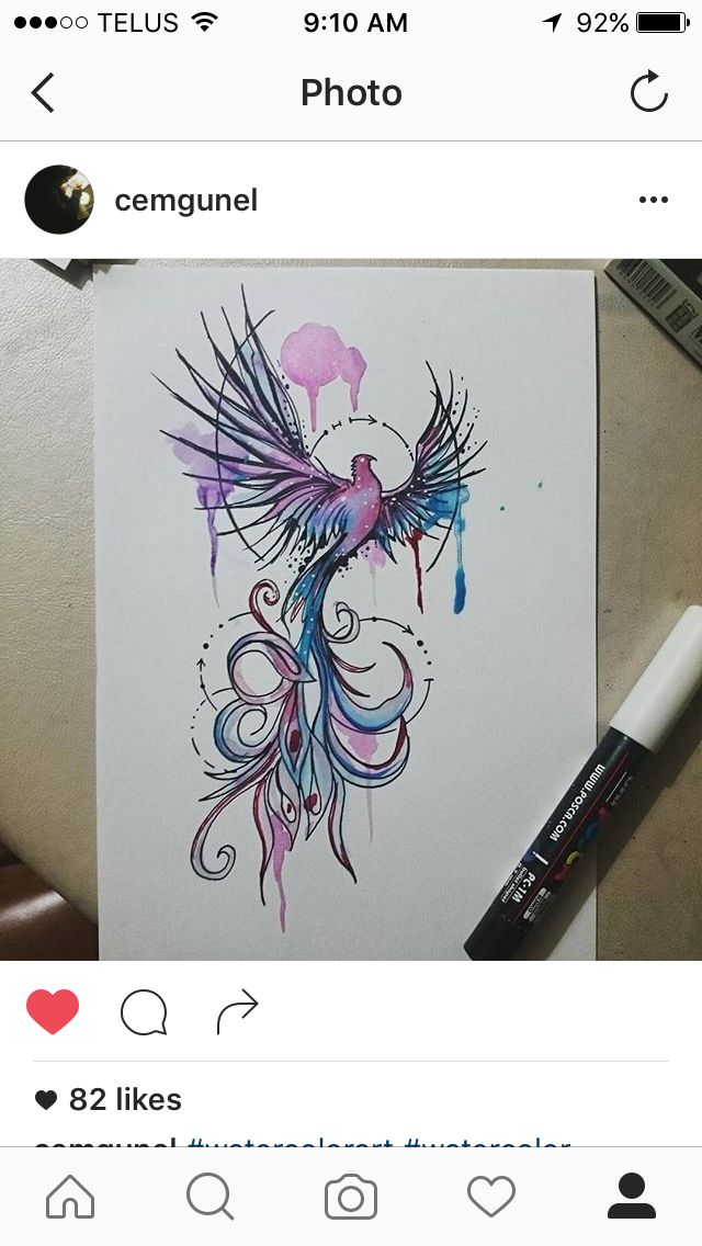 640x1136 Beautiful Watercolor Tattoo Of A Phoenix, Rising From Ashes