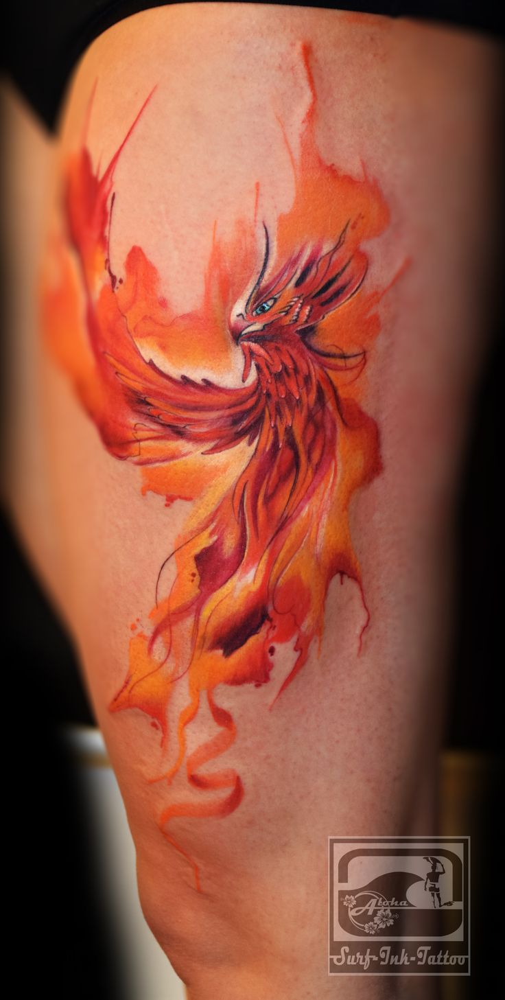 736x1457 Orange Watercolor Phoenix Tattoo On Thigh