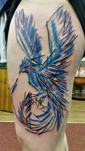 288x512 Watercolor Blue Phoenix Tattoo On Left Thigh