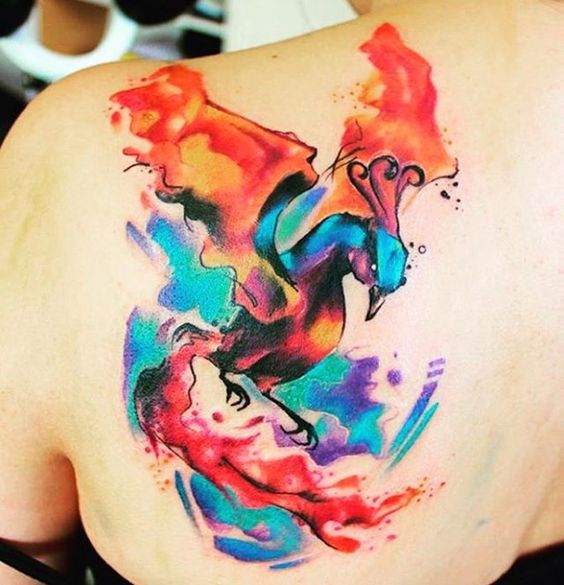 564x585 Watercolor Phoenix Tattoo On Left Back Shoulder