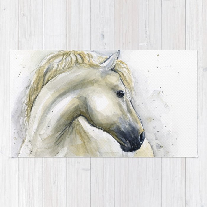 700x700 White Horse Watercolor Painting Animal Horses Rug By Olechka