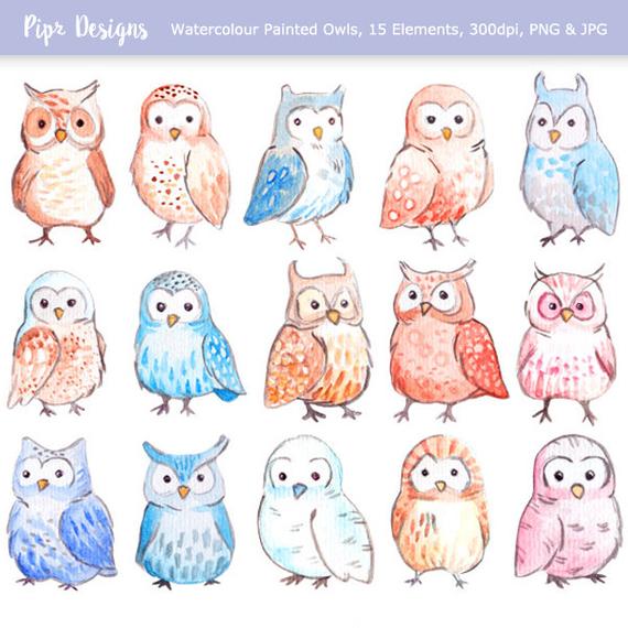 570x570 Cute Watercolor Owls Clipart. 15 Royalty Free Clip Art Images Etsy