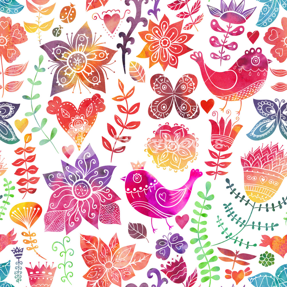 1000x1000 Watercolor Texture With Flowers And Birds.copy That Square To The