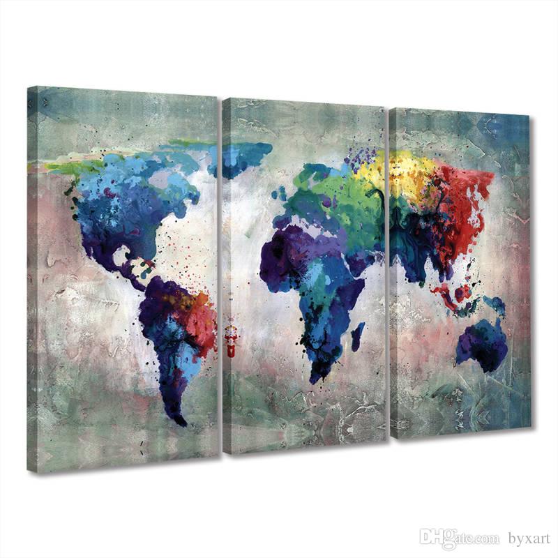 800x800 2018 Watercolor World Map Wall Decal Canvas Painting 3 Panels