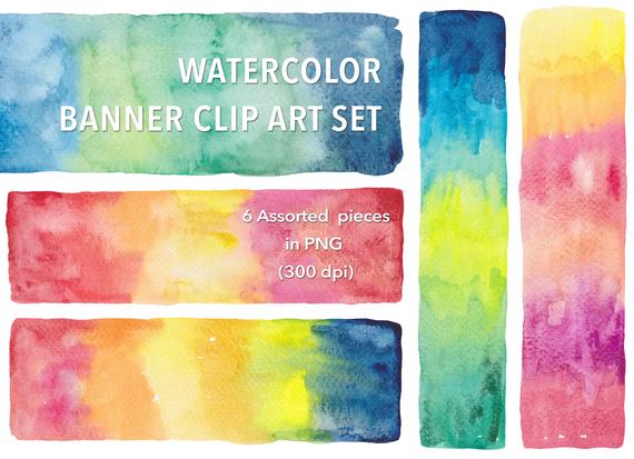 570x413 6 Banner Watercolour Clip Art Set Assorted Pieces Hand Etsy