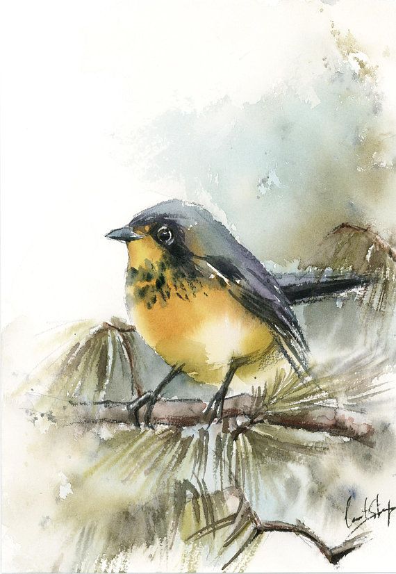 570x826 Yellow Bird Original Watercolor Painting, Bird On A Pine Branch