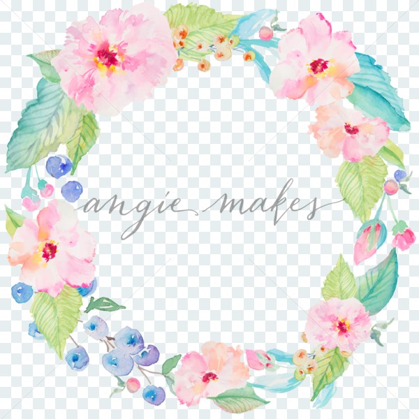 600x600 Watercolor Pink Flowers And Blueberry Wreath Background