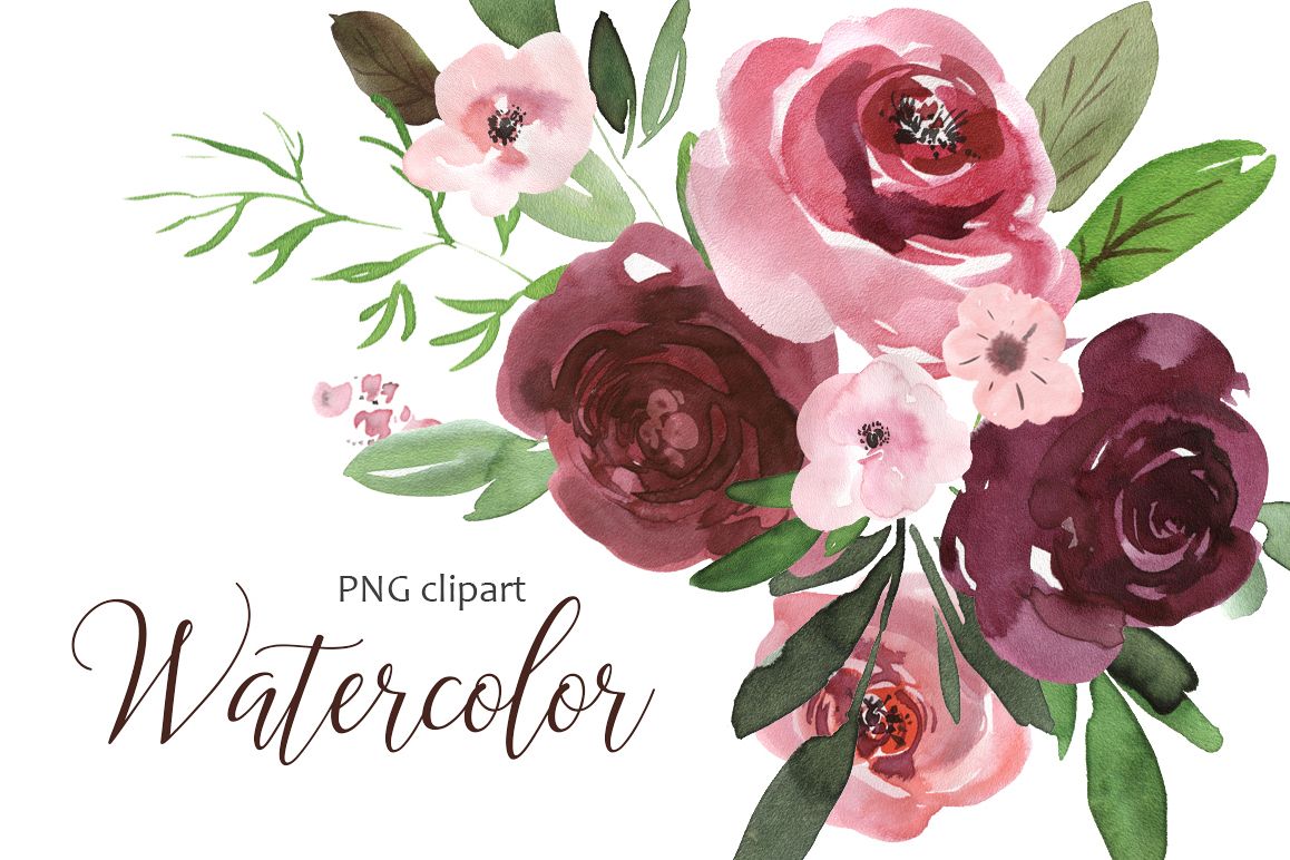 1158x772 Watercolor Pink Amp Burgundy Flowers Clipart