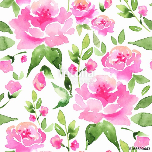 500x500 Floral Seamless Pattern. Watercolor Background With Pink Flowers