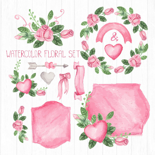 540x539 Pink Watercolor Floral Elements, Pink Roses, Vintage Floral