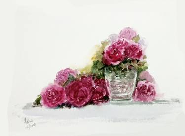 375x275 Saatchi Art A Vase Of Pink Roses Watercolor Painting Painting By