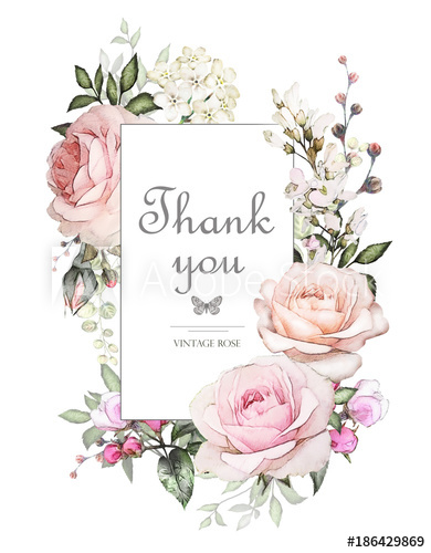 390x500 Vintage Card, Watercolor Wedding Invitation Design With Pink Roses