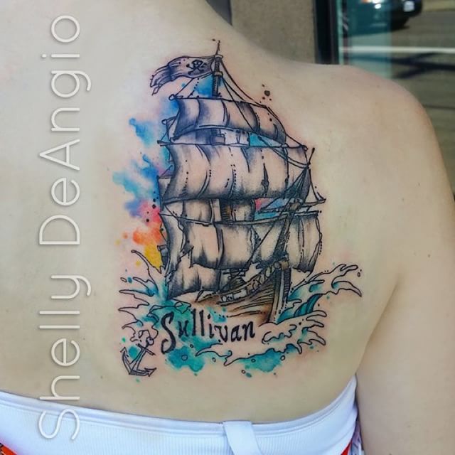 640x640 Watercolor Pirate Ship Tattoo On Upper Back