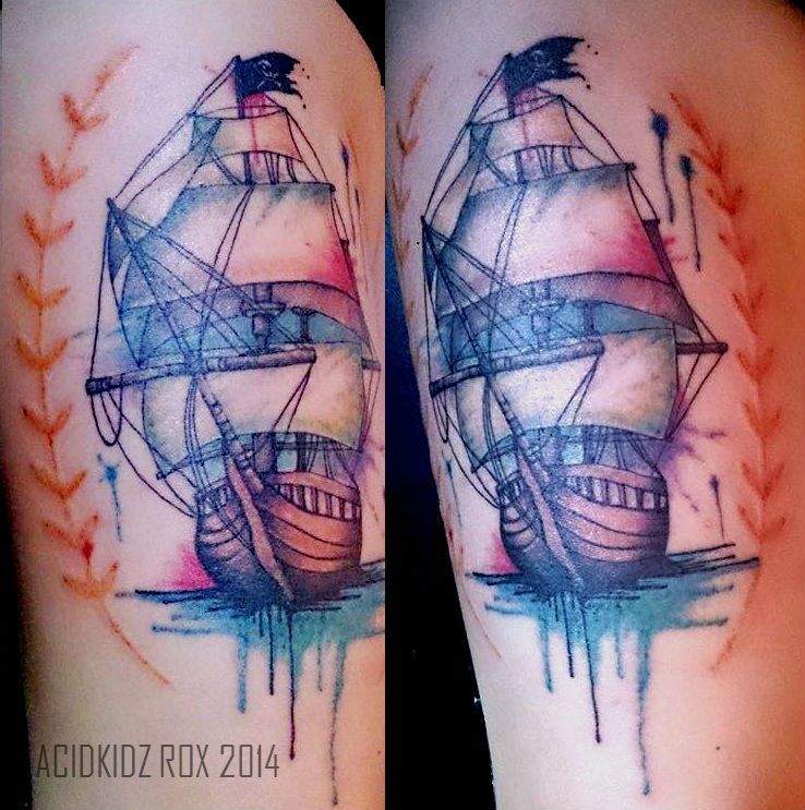 738x743 Roxiehart666 Acidkidz Tattoo Watercolor Pirate Ship Tattoo