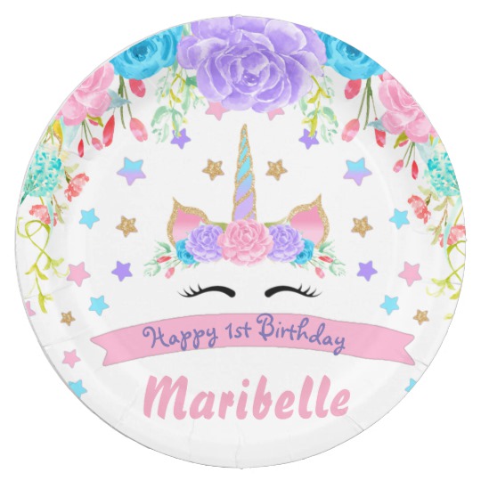 540x540 Watercolor Floral Unicorn Face Birthday Party Paper Plate