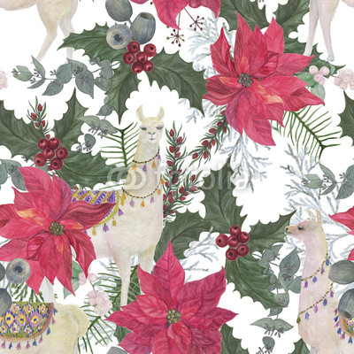 400x400 Christmas Seamless Pattern With Watercolor Painting Llamas And Red