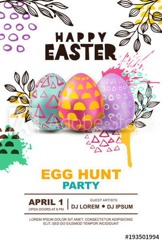 334x500 Easter Egg Hunt Party Vector Poster Design Template. 3d Decorative
