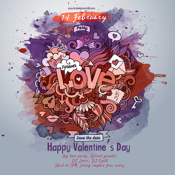 600x600 Vector Love Doodles Watercolor Poster Design Vector Illustration