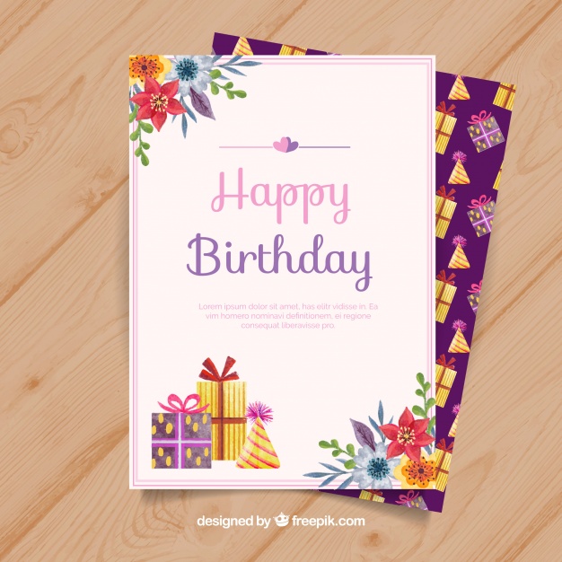 626x626 Happy Birthday Card With Flowers And Presents In Watercolor Style