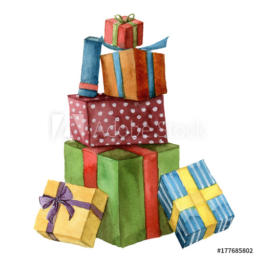 500x500 Watercolor Christmas Presents. Hand Painted Bright Gift Boxes With