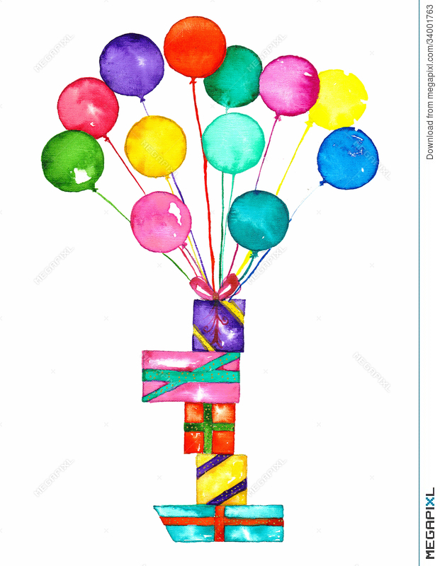 621x800 Balloons And Presents Watercolor Illustration 34001763
