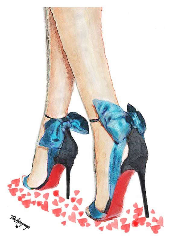 570x800 Illustration Artworklouboutin Blue Bow High Heels Shoes Giclee