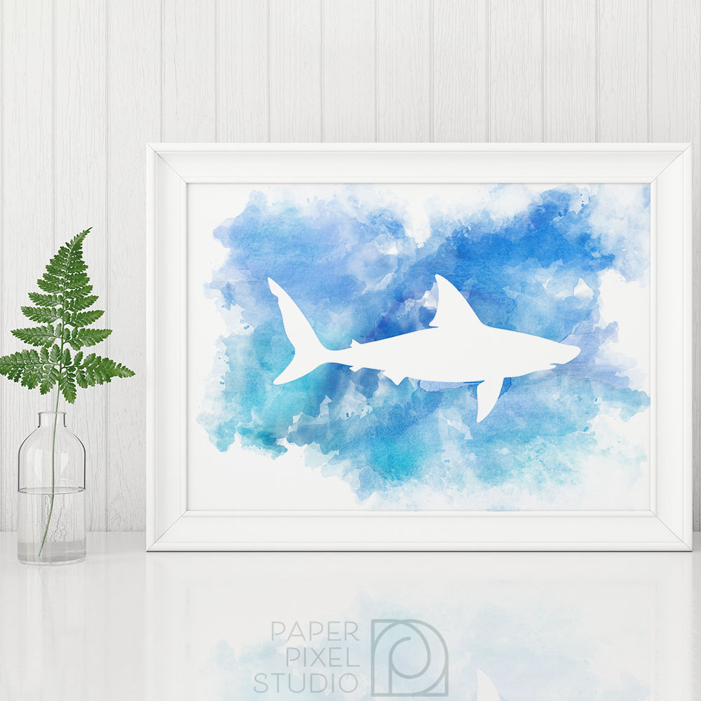 1000x1000 Shark Art, Printable Art, Wall Art, Watercolor Print, Nautical