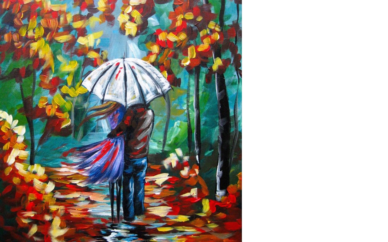 1280x800 Lovers Walking In Rain Umbrella Art Beginners Acrylic Painting