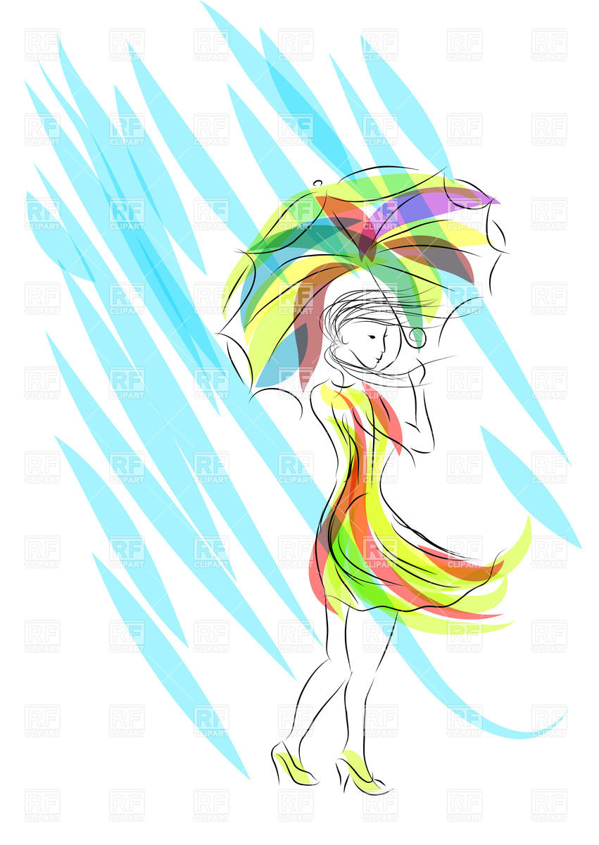 851x1200 Watercolor Sketch Of Woman With Umbrella Under The Rain Vector