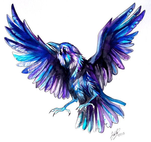 600x566 Watercolor Flying Raven Tattoo Design By Katy Lipscomb