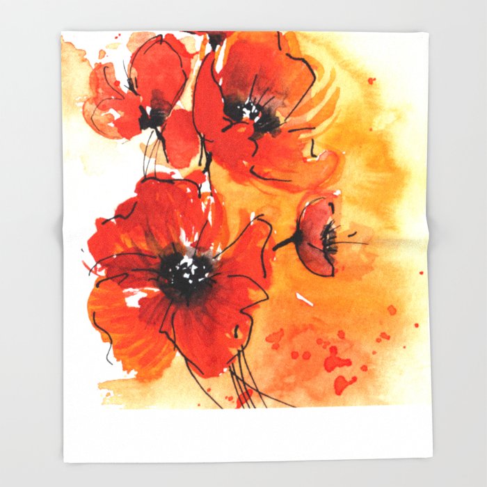 700x700 Red Poppy Flowers Watercolor Painting Throw Blanket By