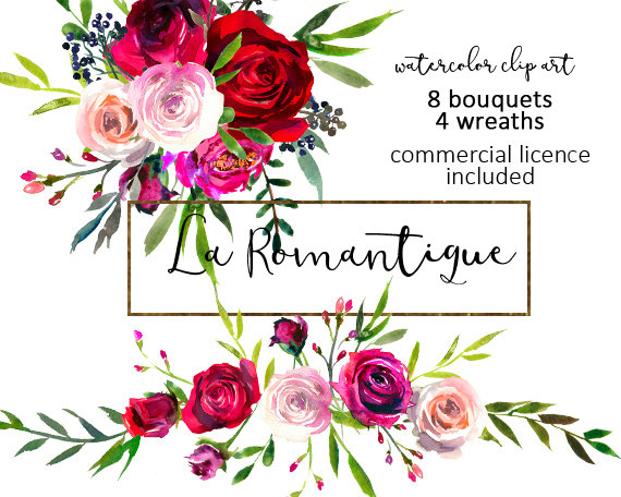570x456 Watercolor Floral Clipart Red Purple Pink Burgundy Roses Peonies