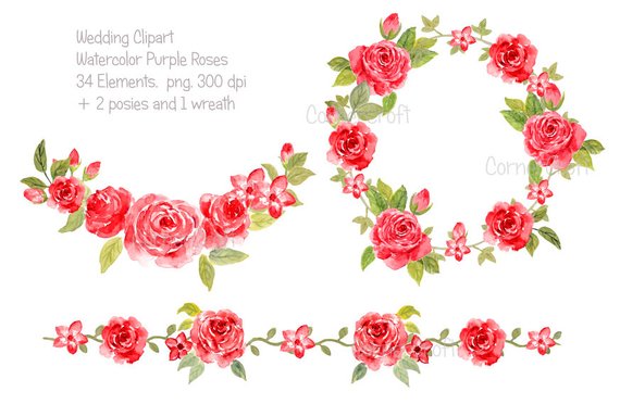570x384 Wedding Clipart Watercolor Red Roses Collection Printable Etsy