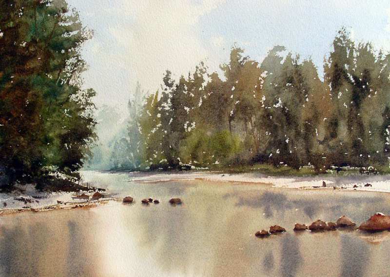 800x568 Watercolor Painting Of Reflections On River.